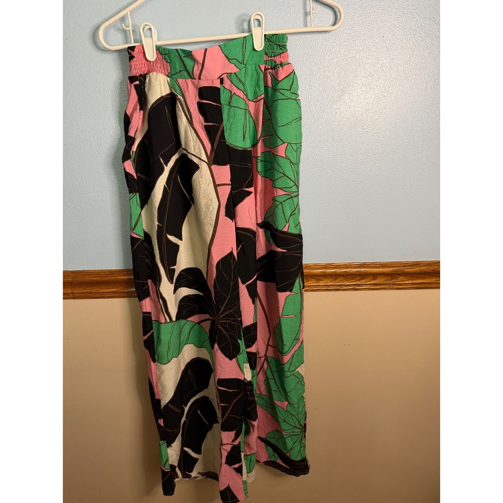 Sofia Jeans by Sofia Vergara Tropical Leaf Print Wide Leg Pants Pink Green XS